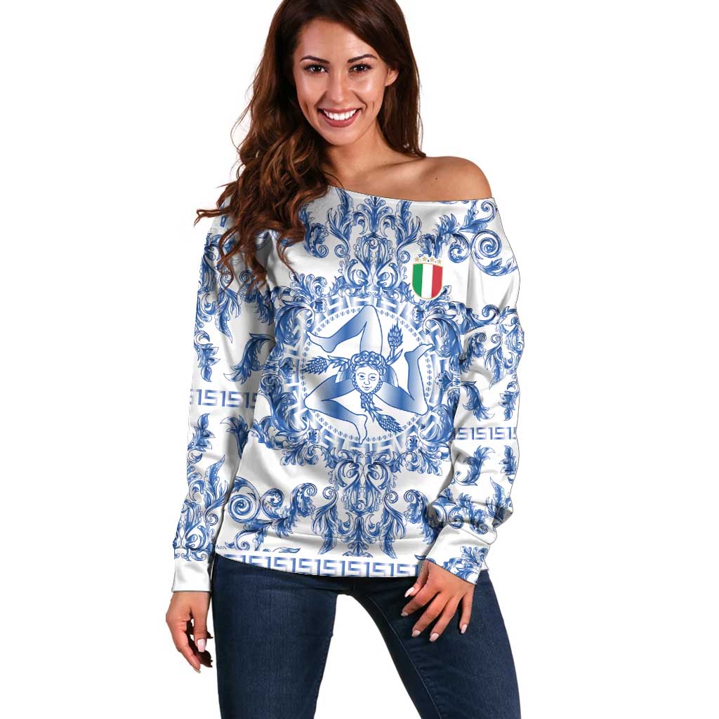 World Football 2026 Italy Custom Off Shoulder Sweater Blue White Baroque Trinacria Edition - Wonder Print Shop