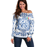 World Football 2026 Italy Custom Off Shoulder Sweater Blue White Baroque Trinacria Edition - Wonder Print Shop