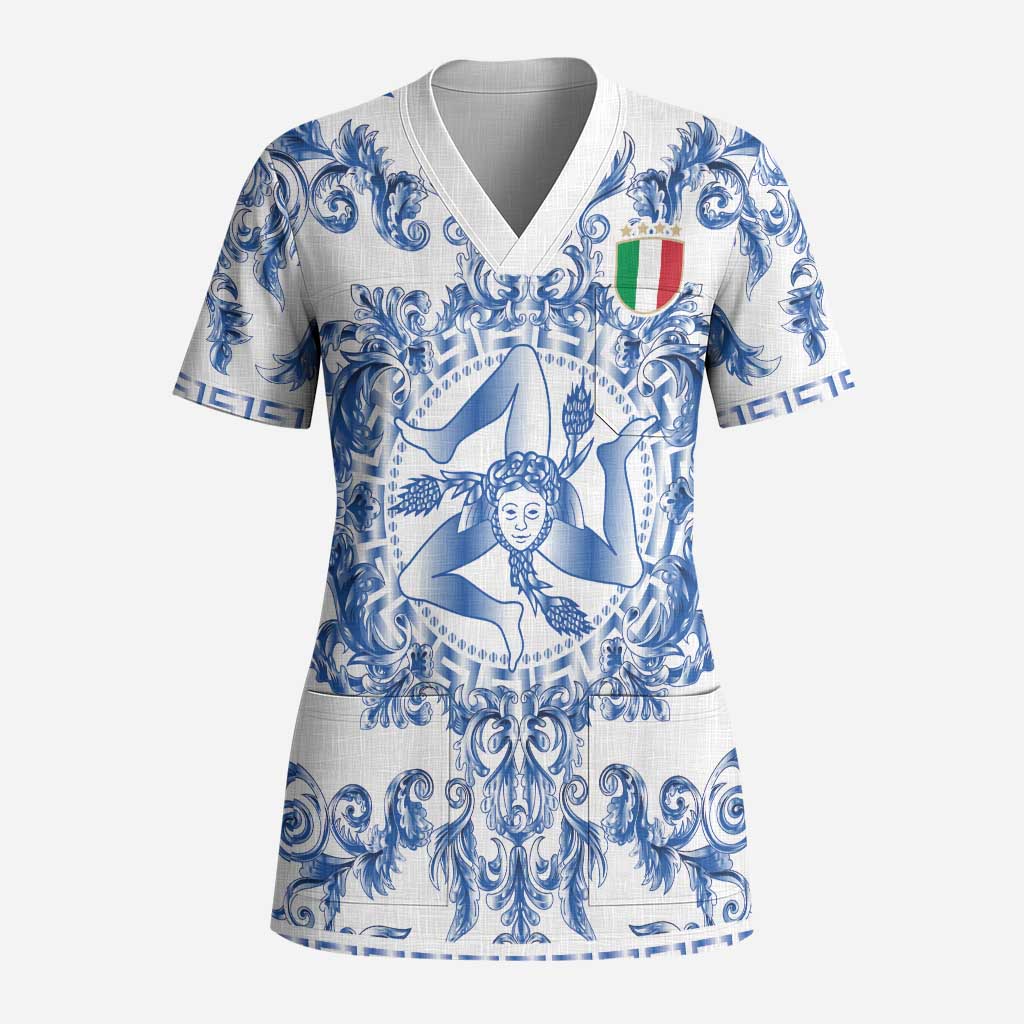 World Football 2026 Italy Custom Scrub Top Blue White Baroque Trinacria Edition - Wonder Print Shop
