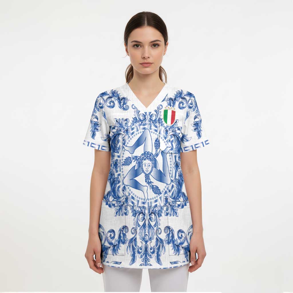 World Football 2026 Italy Custom Scrub Top Blue White Baroque Trinacria Edition - Wonder Print Shop