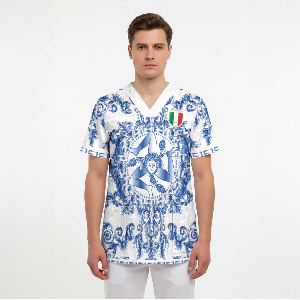 World Football 2026 Italy Custom Scrub Top Blue White Baroque Trinacria Edition - Wonder Print Shop