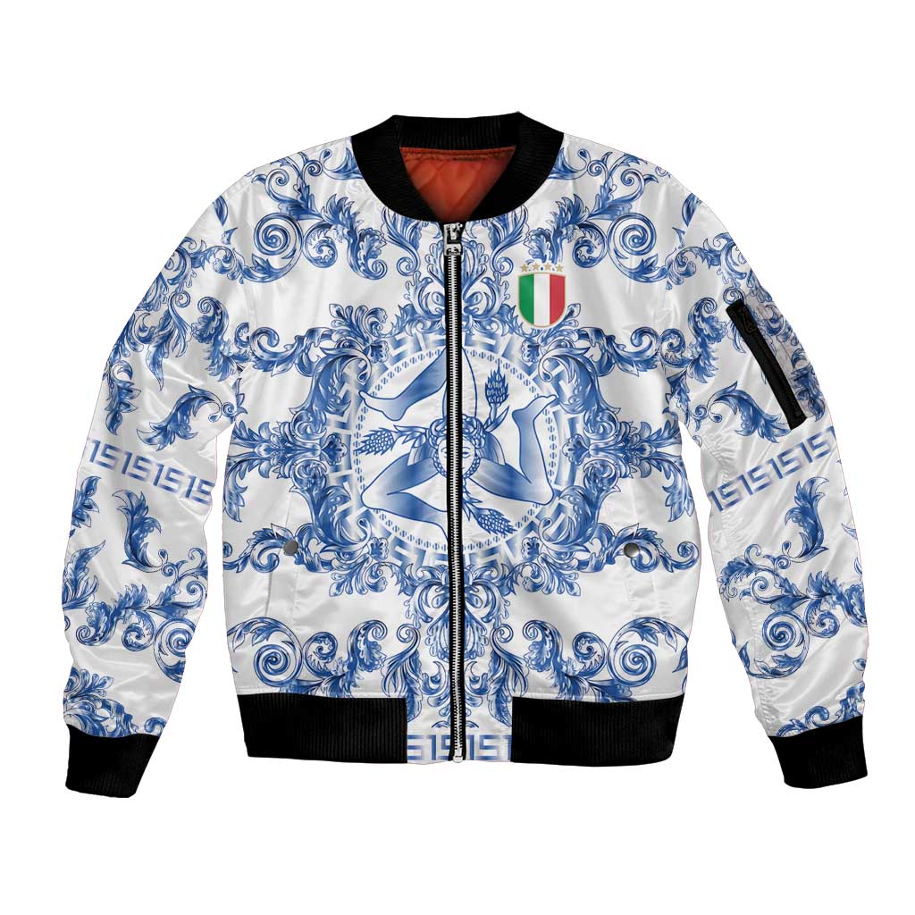 World Football 2026 Italy Custom Sleeve Zip Bomber Jacket Blue White Baroque Trinacria Edition - Wonder Print Shop