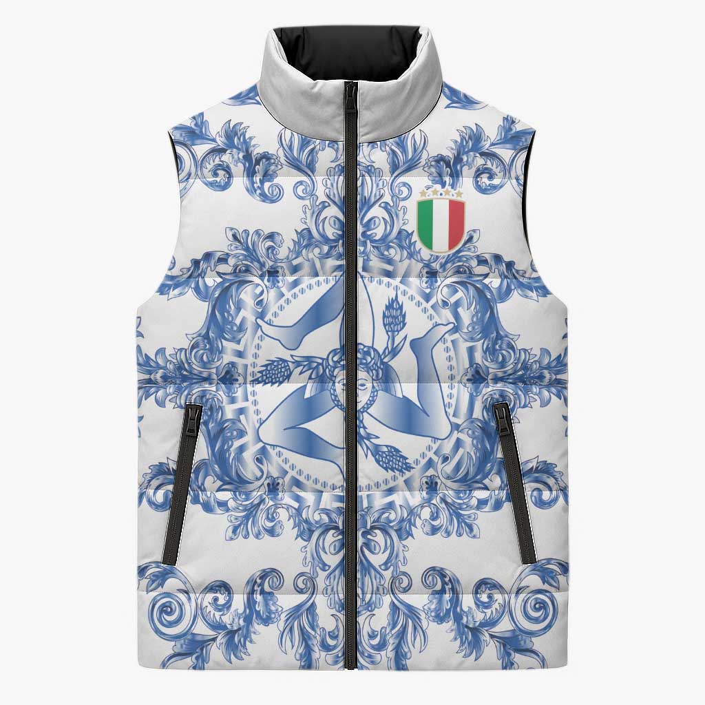 World Football 2026 Italy Custom Sleeveless Puffer Jacket Blue White Baroque Trinacria Edition - Wonder Print Shop