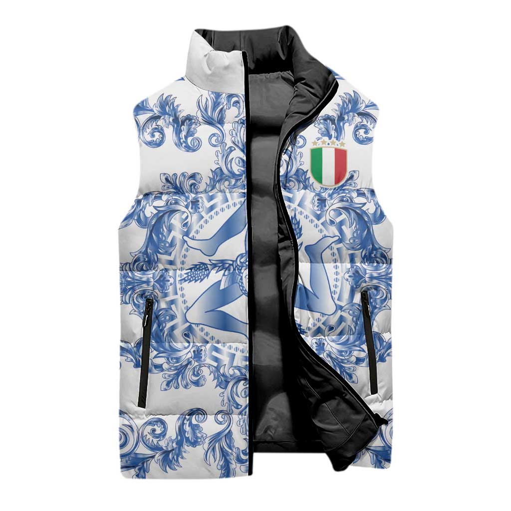 World Football 2026 Italy Custom Sleeveless Puffer Jacket Blue White Baroque Trinacria Edition - Wonder Print Shop