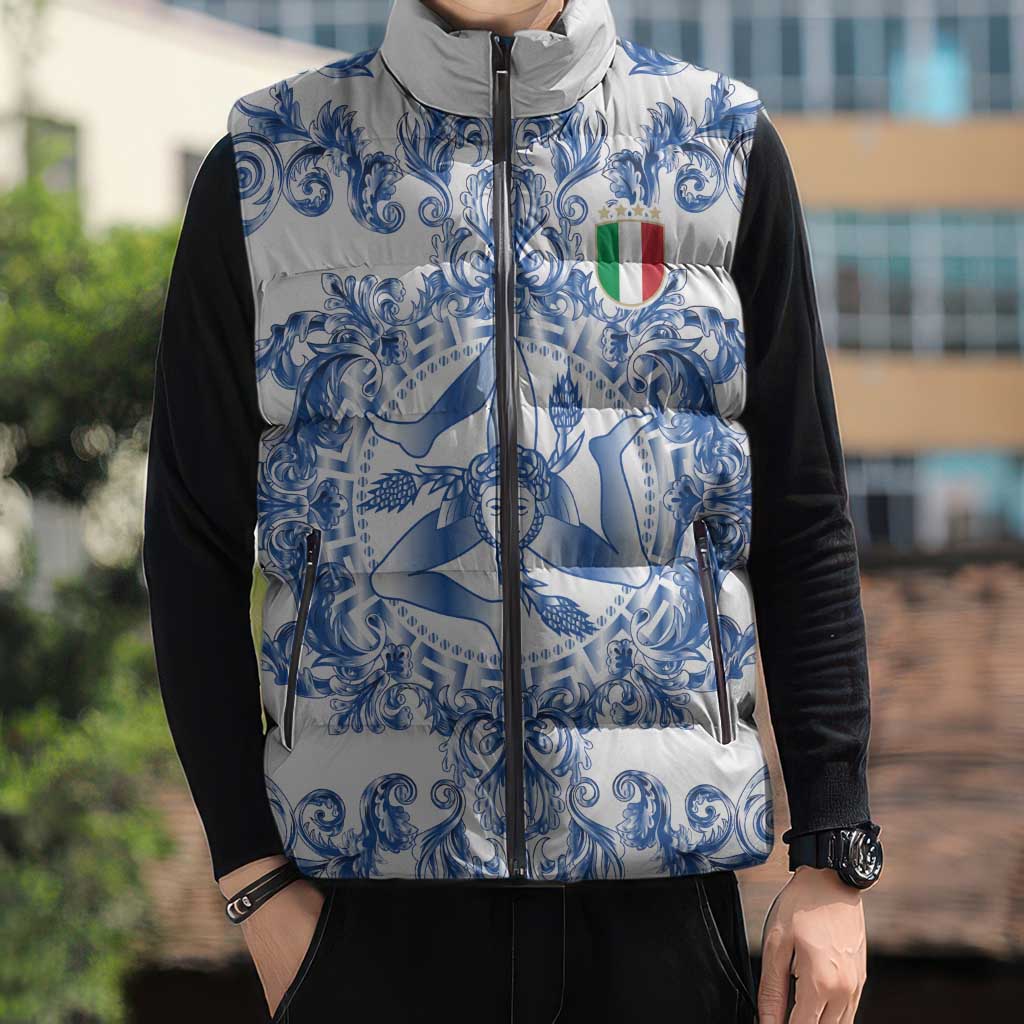 World Football 2026 Italy Custom Sleeveless Puffer Jacket Blue White Baroque Trinacria Edition - Wonder Print Shop