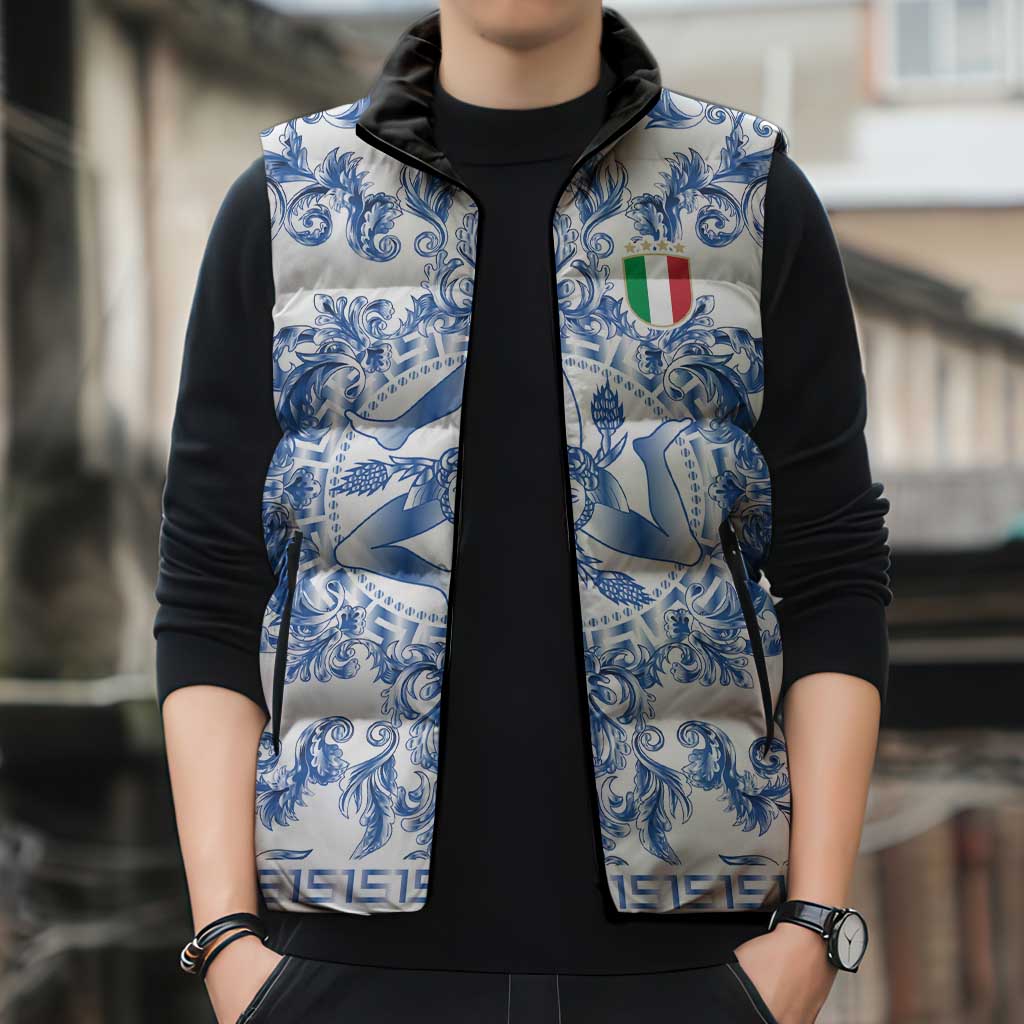 World Football 2026 Italy Custom Sleeveless Puffer Jacket Blue White Baroque Trinacria Edition - Wonder Print Shop