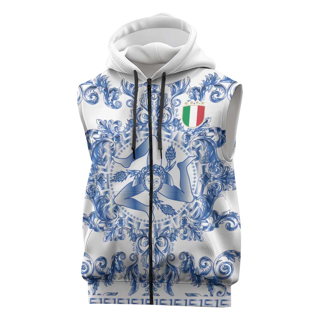 World Football 2026 Italy Custom Sleeveless Zip Hoodie Blue White Baroque Trinacria Edition - Wonder Print Shop