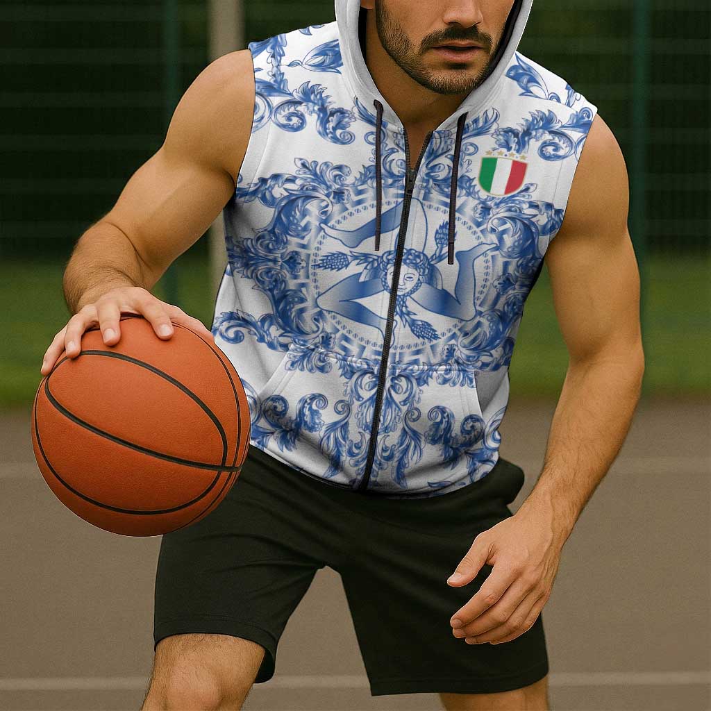 World Football 2026 Italy Custom Sleeveless Zip Hoodie Blue White Baroque Trinacria Edition - Wonder Print Shop