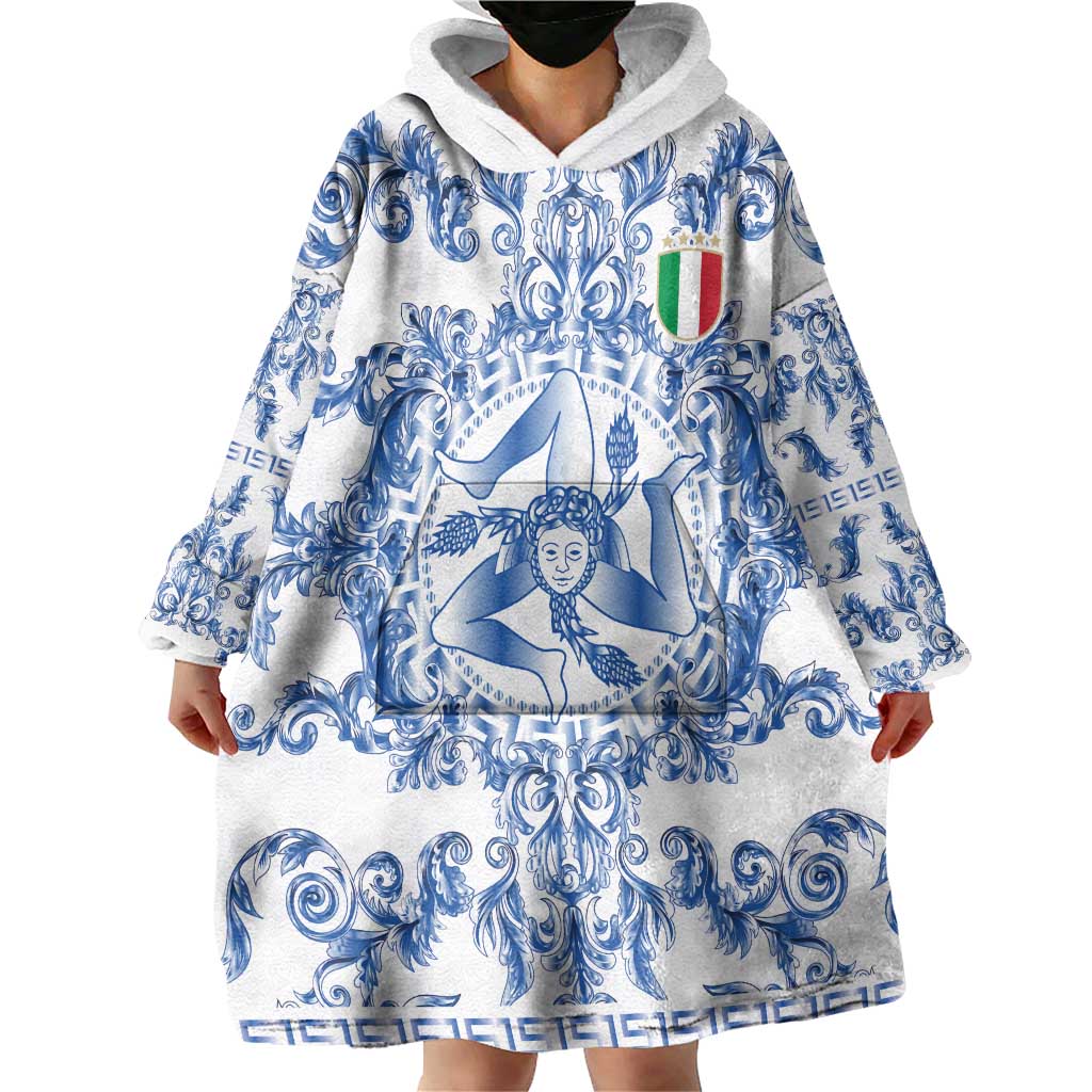 World Football 2026 Italy Custom Wearable Blanket Hoodie Blue White Baroque Trinacria Edition - Wonder Print Shop