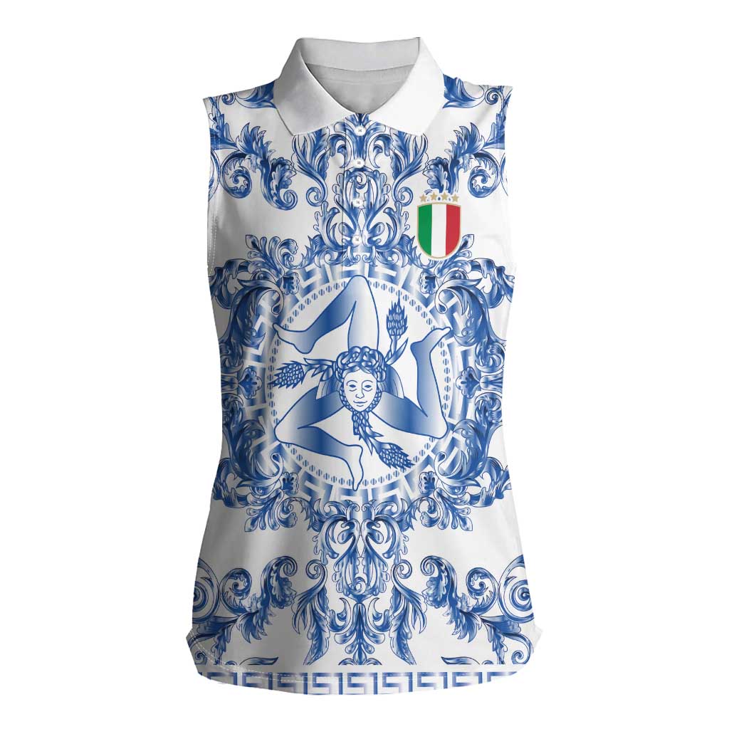 World Football 2026 Italy Custom Women Sleeveless Polo Shirt Blue White Baroque Trinacria Edition - Wonder Print Shop
