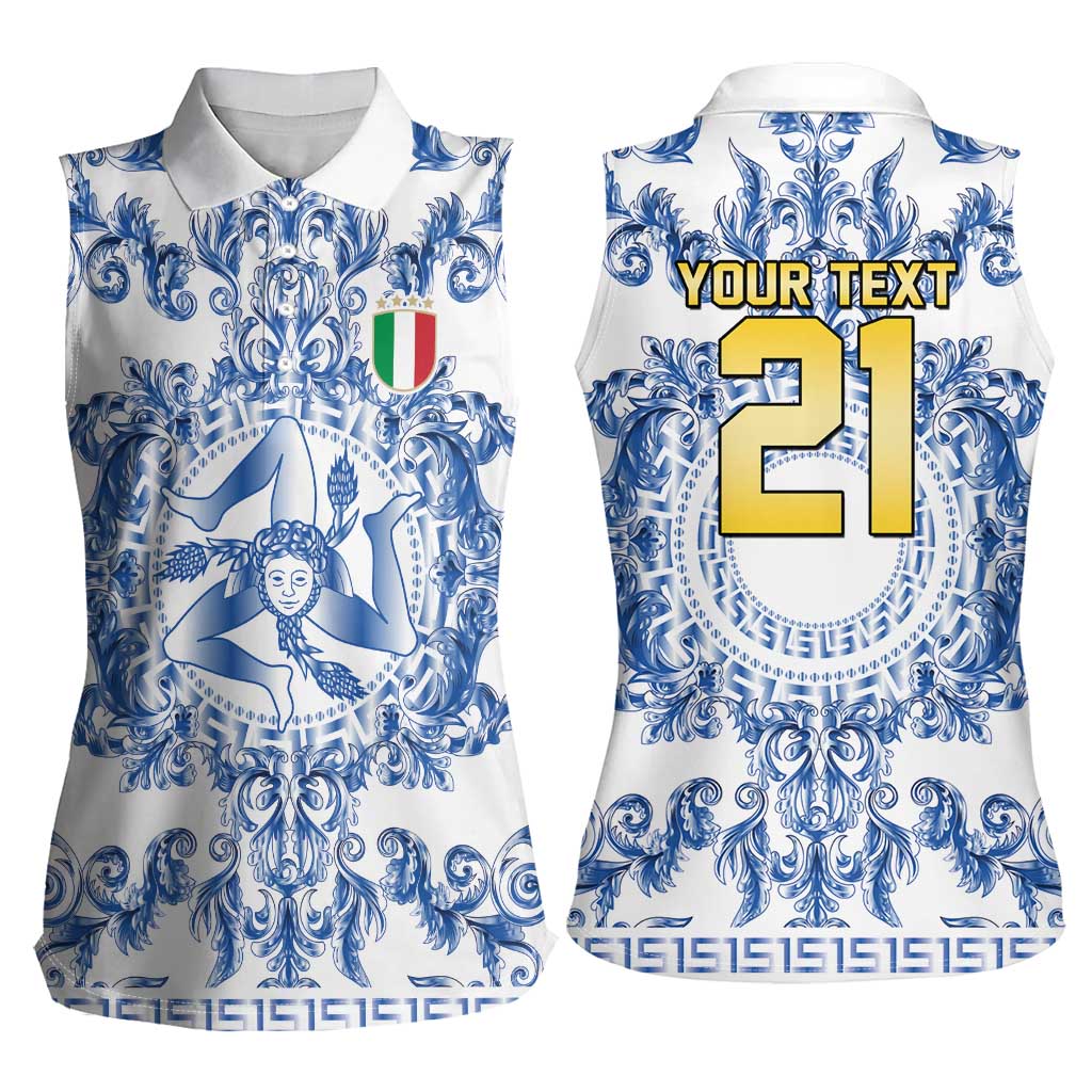World Football 2026 Italy Custom Women Sleeveless Polo Shirt Blue White Baroque Trinacria Edition - Wonder Print Shop
