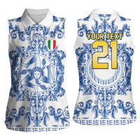 World Football 2026 Italy Custom Women Sleeveless Polo Shirt Blue White Baroque Trinacria Edition - Wonder Print Shop