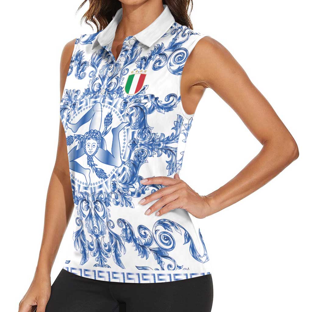 World Football 2026 Italy Custom Women Sleeveless Polo Shirt Blue White Baroque Trinacria Edition - Wonder Print Shop