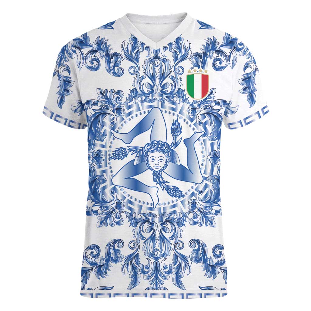 World Football 2026 Italy Custom Women V-Neck T-Shirt Blue White Baroque Trinacria Edition - Wonder Print Shop