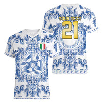 World Football 2026 Italy Custom Women V-Neck T-Shirt Blue White Baroque Trinacria Edition - Wonder Print Shop
