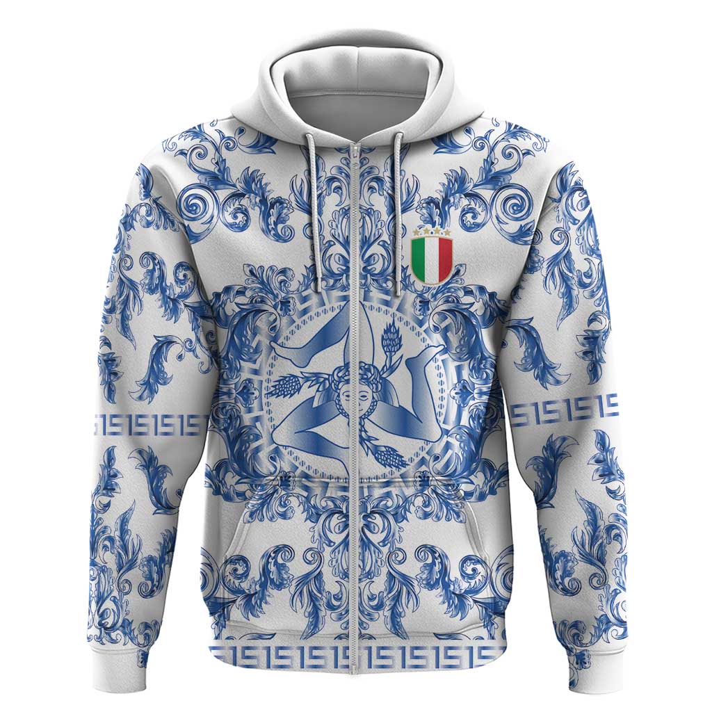 World Football 2026 Italy Custom Zip Hoodie Blue White Baroque Trinacria Edition - Wonder Print Shop