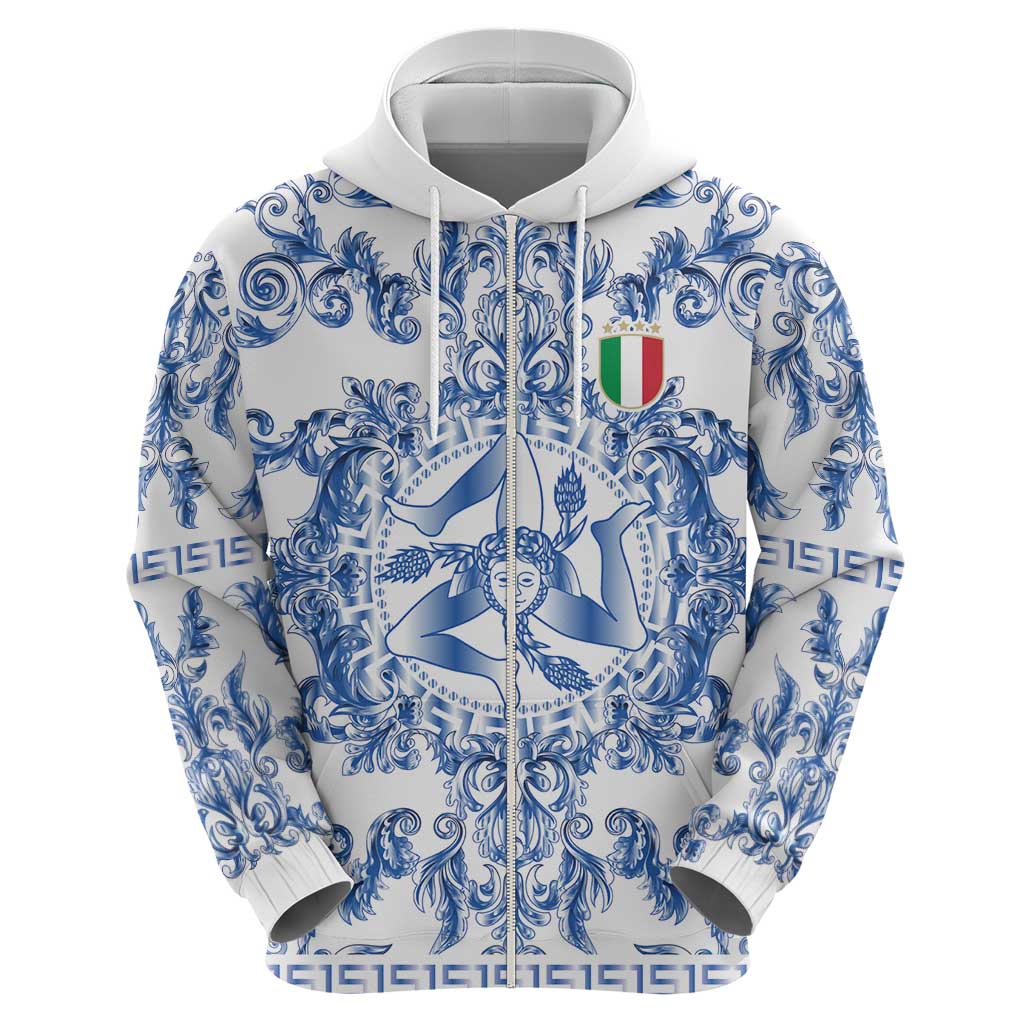 World Football 2026 Italy Custom Zip Hoodie Blue White Baroque Trinacria Edition - Wonder Print Shop