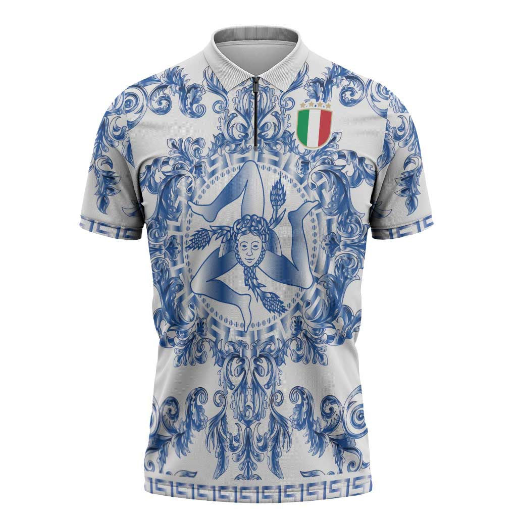 World Football 2026 Italy Custom Zipper Polo Shirt Blue White Baroque Trinacria Edition - Wonder Print Shop