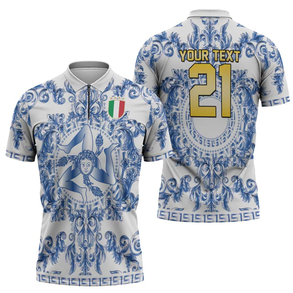 World Football 2026 Italy Custom Zipper Polo Shirt Blue White Baroque Trinacria Edition - Wonder Print Shop