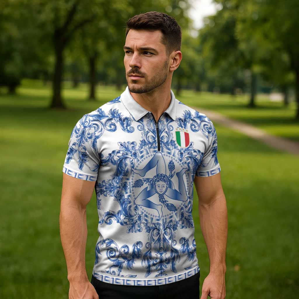 World Football 2026 Italy Custom Zipper Polo Shirt Blue White Baroque Trinacria Edition - Wonder Print Shop