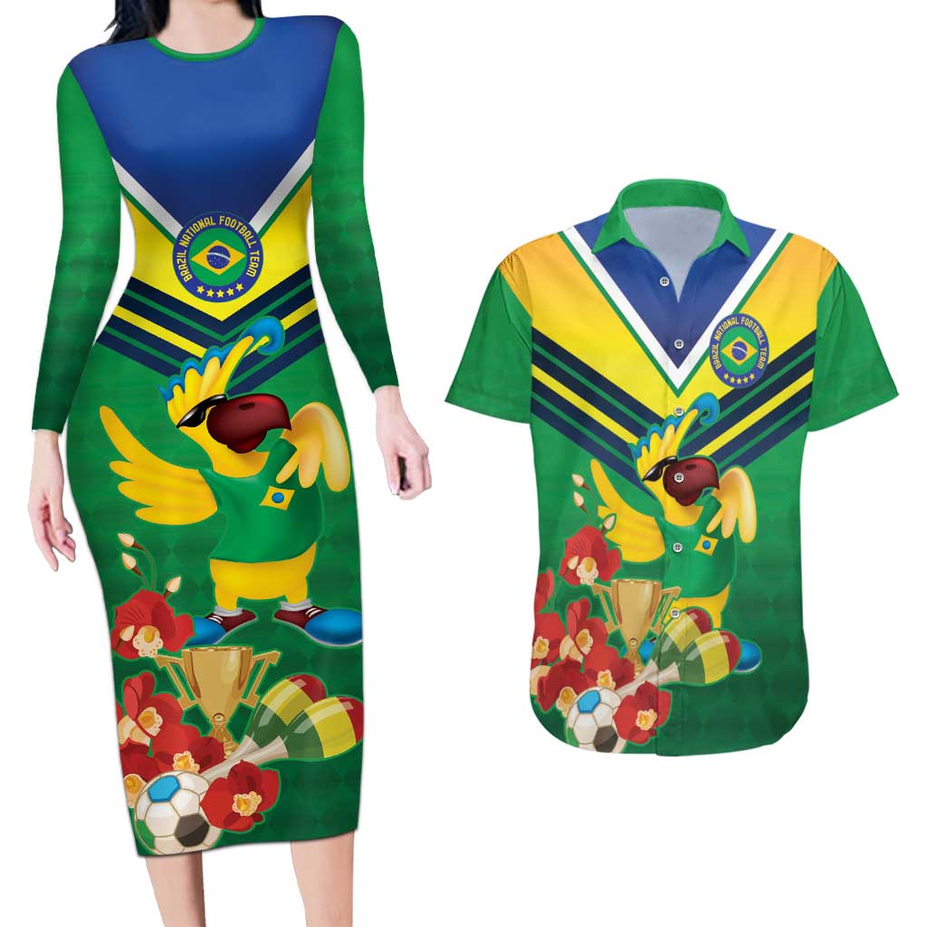 Brazil Canarinho Football Custom Couples Matching Long Sleeve Bodycon Dress and Hawaiian Shirt Bora Brasil! Go Brazil!