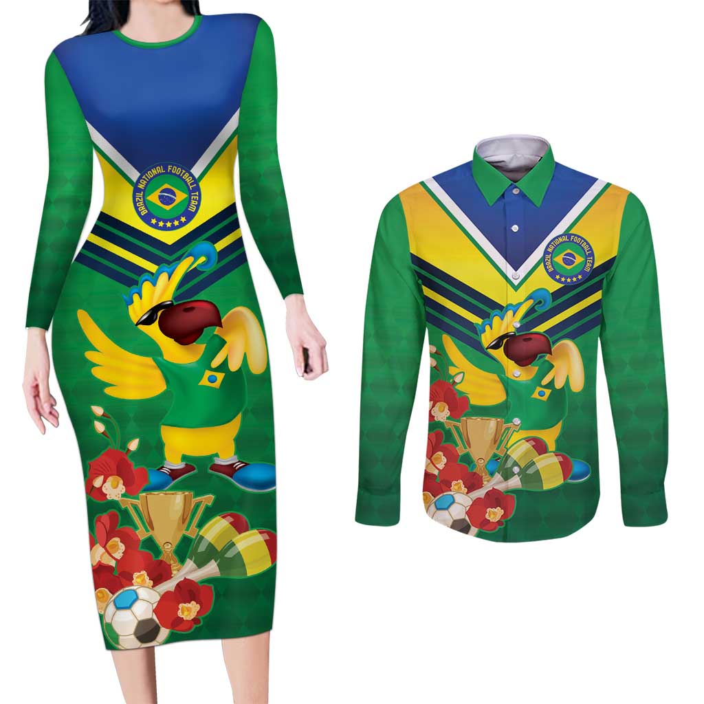 Brazil Canarinho Football Custom Couples Matching Long Sleeve Bodycon Dress and Long Sleeve Button Shirt Bora Brasil! Go Brazil!