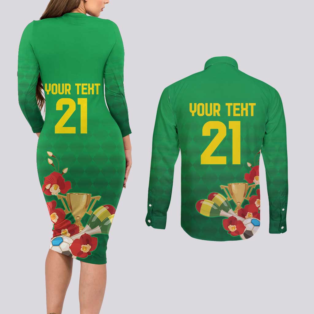 Brazil Canarinho Football Custom Couples Matching Long Sleeve Bodycon Dress and Long Sleeve Button Shirt Bora Brasil! Go Brazil!