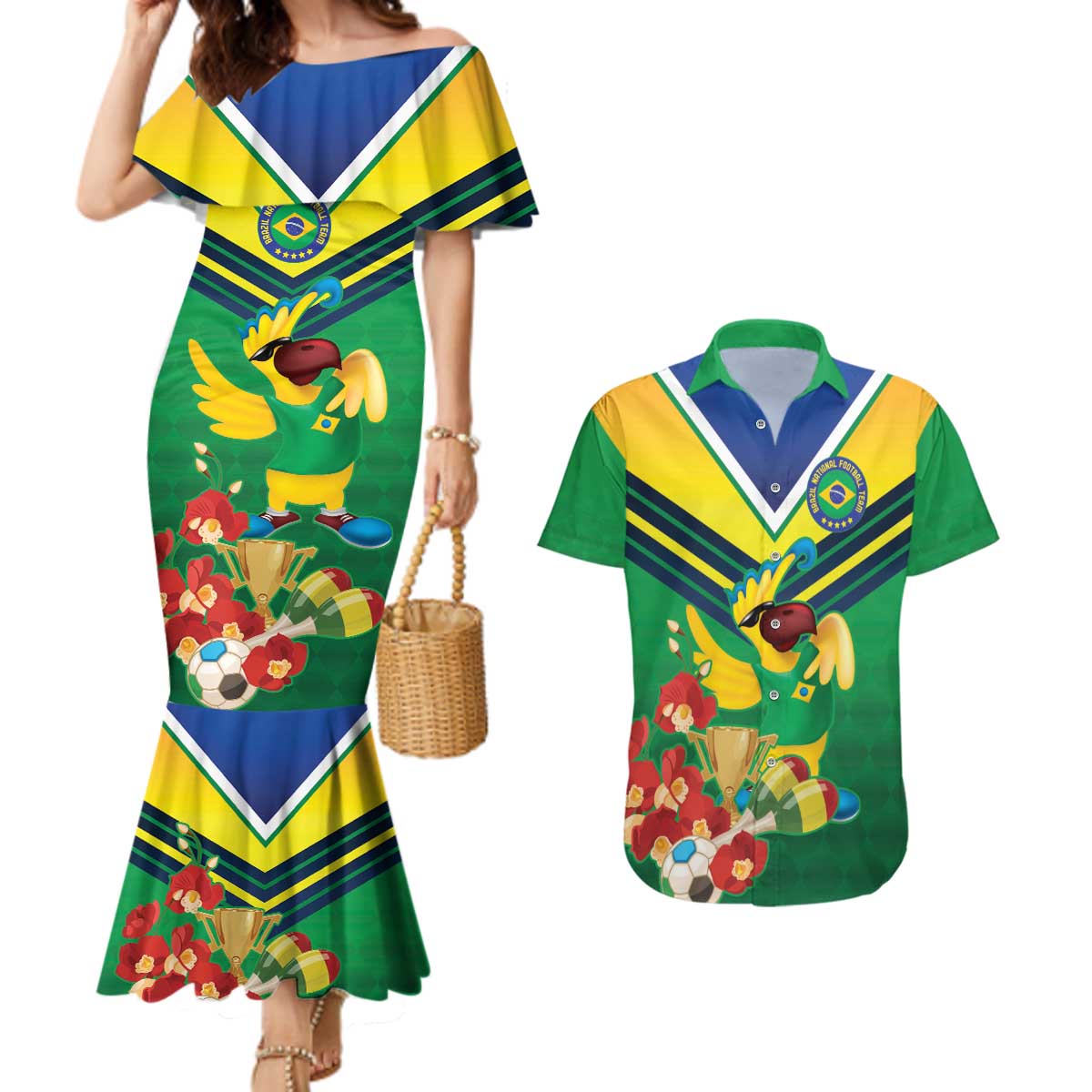 Brazil Canarinho Football Custom Couples Matching Mermaid Dress and Hawaiian Shirt Bora Brasil! Go Brazil!