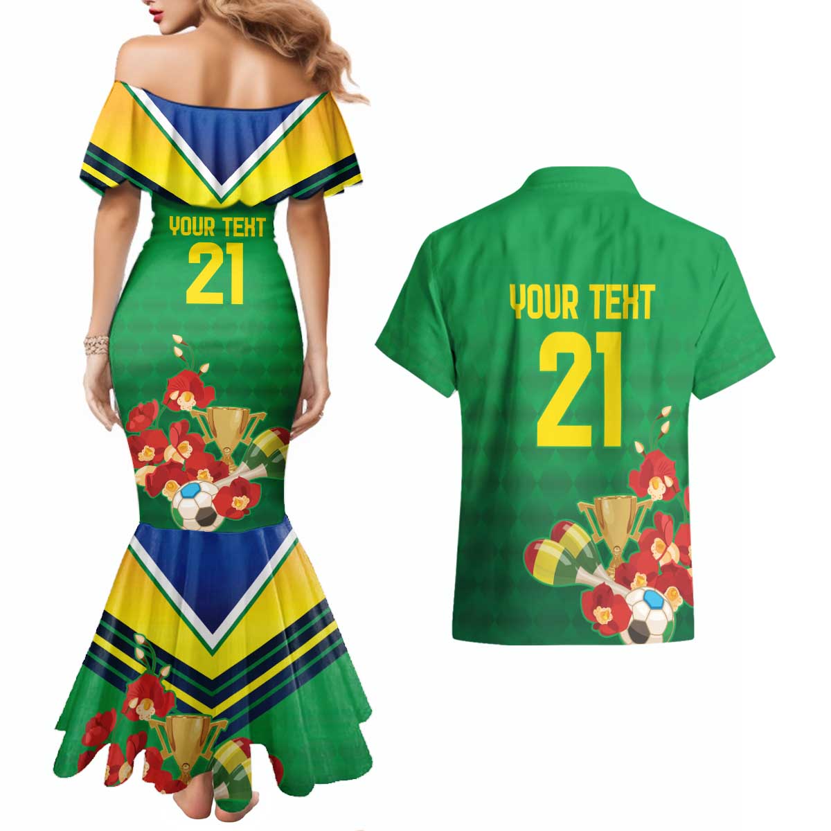 Brazil Canarinho Football Custom Couples Matching Mermaid Dress and Hawaiian Shirt Bora Brasil! Go Brazil!
