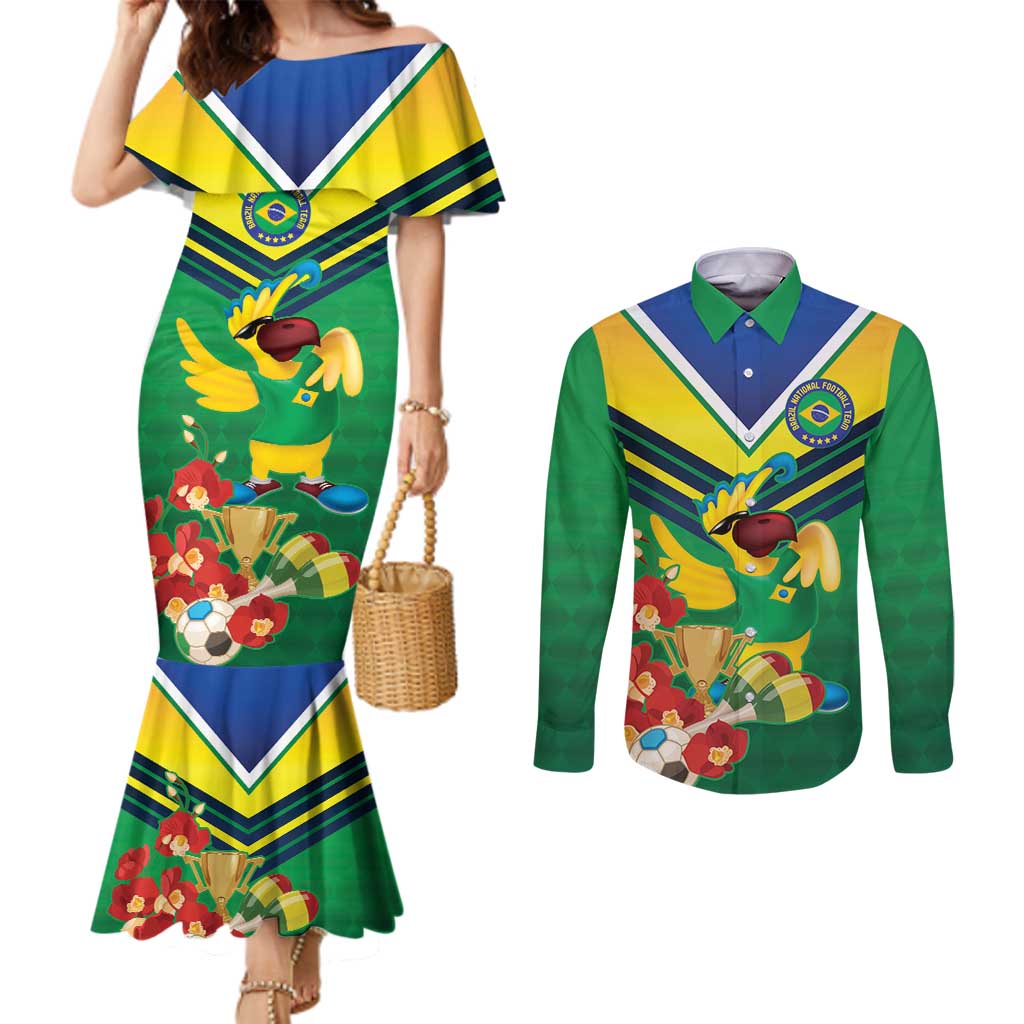 Brazil Canarinho Football Custom Couples Matching Mermaid Dress and Long Sleeve Button Shirt Bora Brasil! Go Brazil!