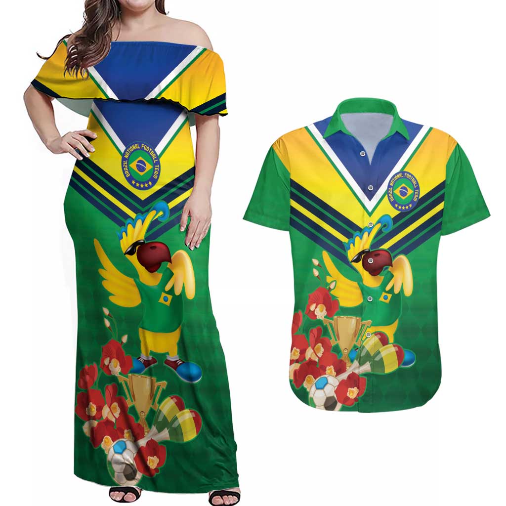 Brazil Canarinho Football Custom Couples Matching Off Shoulder Maxi Dress and Hawaiian Shirt Bora Brasil! Go Brazil!