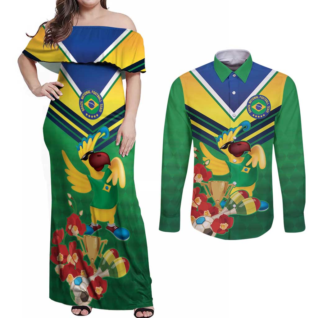 Brazil Canarinho Football Custom Couples Matching Off Shoulder Maxi Dress and Long Sleeve Button Shirt Bora Brasil! Go Brazil!