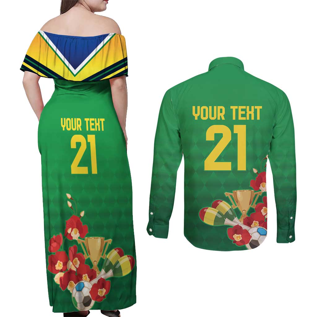 Brazil Canarinho Football Custom Couples Matching Off Shoulder Maxi Dress and Long Sleeve Button Shirt Bora Brasil! Go Brazil!