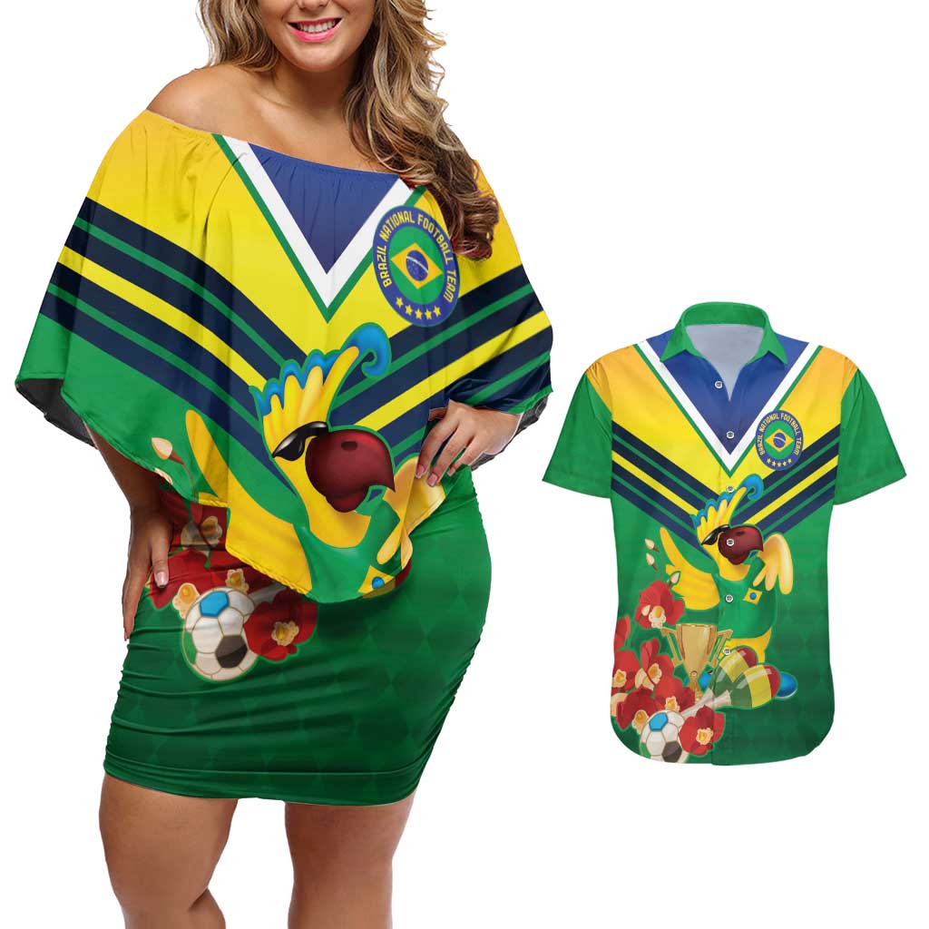 Brazil Canarinho Football Custom Couples Matching Off Shoulder Short Dress and Hawaiian Shirt Bora Brasil! Go Brazil!