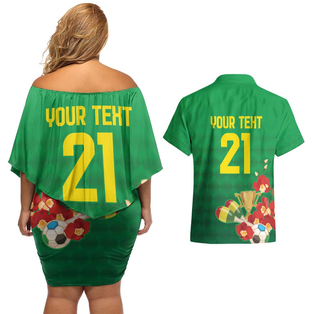 Brazil Canarinho Football Custom Couples Matching Off Shoulder Short Dress and Hawaiian Shirt Bora Brasil! Go Brazil!