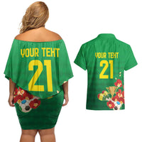 Brazil Canarinho Football Custom Couples Matching Off Shoulder Short Dress and Hawaiian Shirt Bora Brasil! Go Brazil!