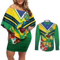 Brazil Canarinho Football Custom Couples Matching Off Shoulder Short Dress and Long Sleeve Button Shirt Bora Brasil! Go Brazil!