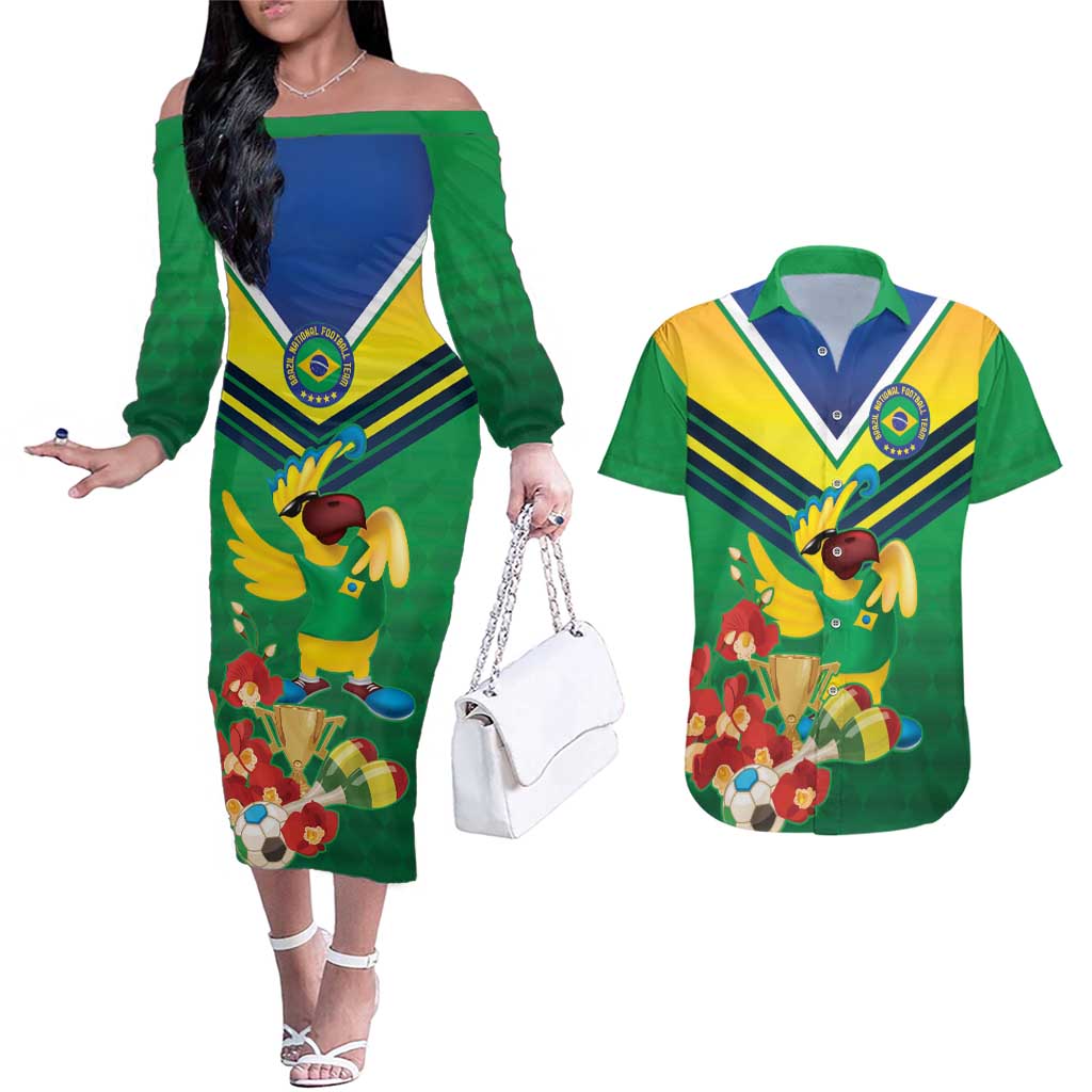 Brazil Canarinho Football Custom Couples Matching Off The Shoulder Long Sleeve Dress and Hawaiian Shirt Bora Brasil! Go Brazil!