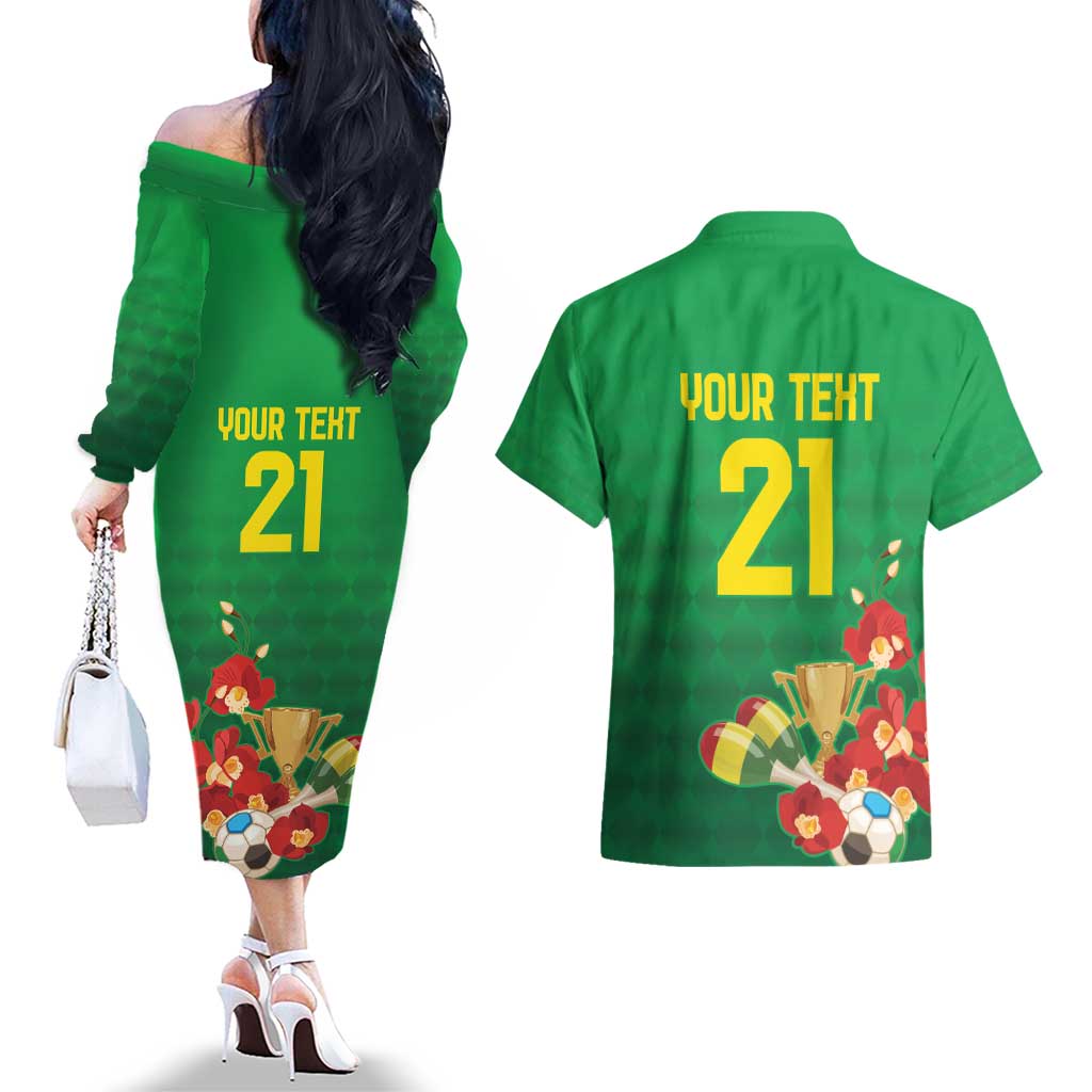 Brazil Canarinho Football Custom Couples Matching Off The Shoulder Long Sleeve Dress and Hawaiian Shirt Bora Brasil! Go Brazil!