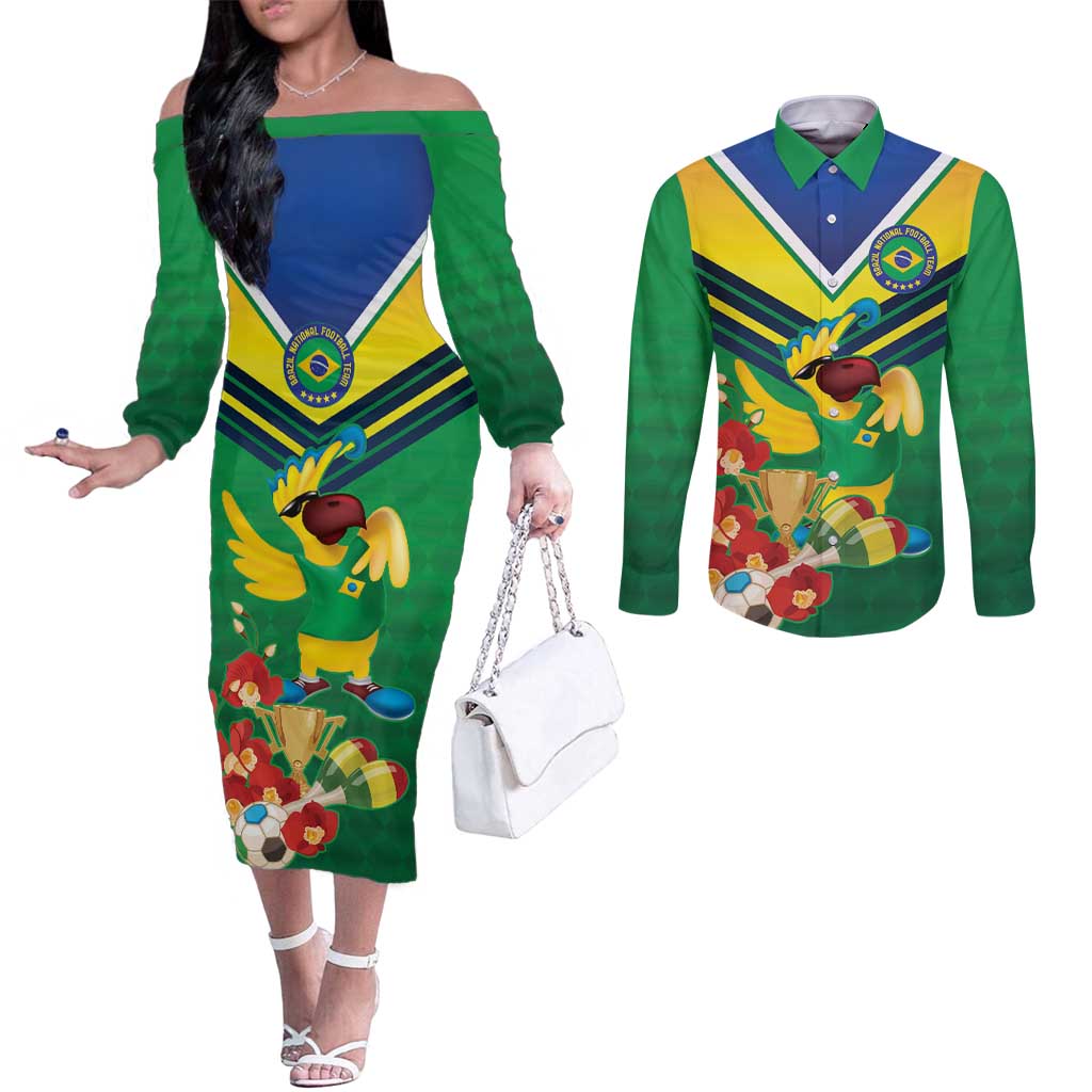 Brazil Canarinho Football Custom Couples Matching Off The Shoulder Long Sleeve Dress and Long Sleeve Button Shirt Bora Brasil! Go Brazil!
