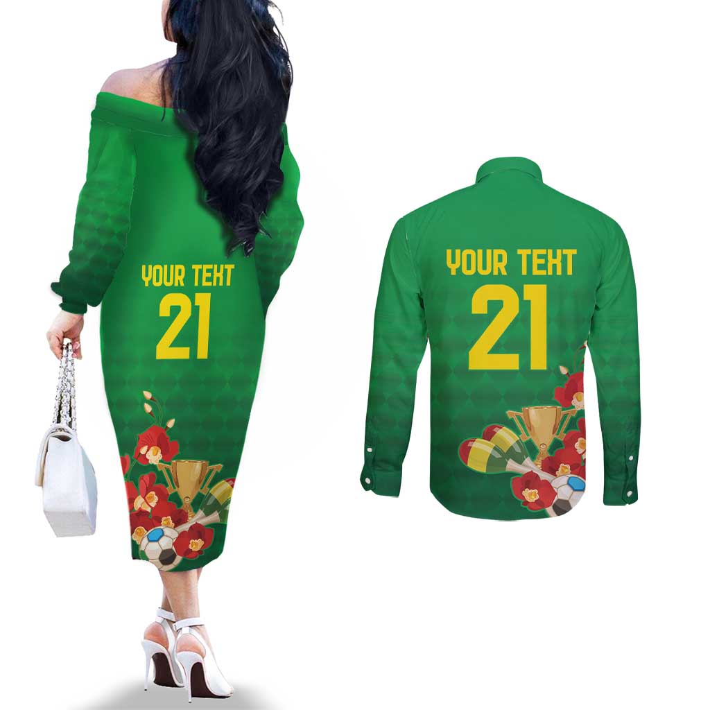 Brazil Canarinho Football Custom Couples Matching Off The Shoulder Long Sleeve Dress and Long Sleeve Button Shirt Bora Brasil! Go Brazil!