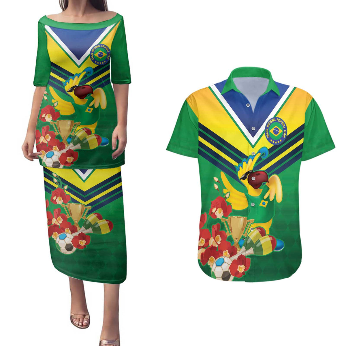 Brazil Canarinho Football Custom Couples Matching Puletasi and Hawaiian Shirt Bora Brasil! Go Brazil!