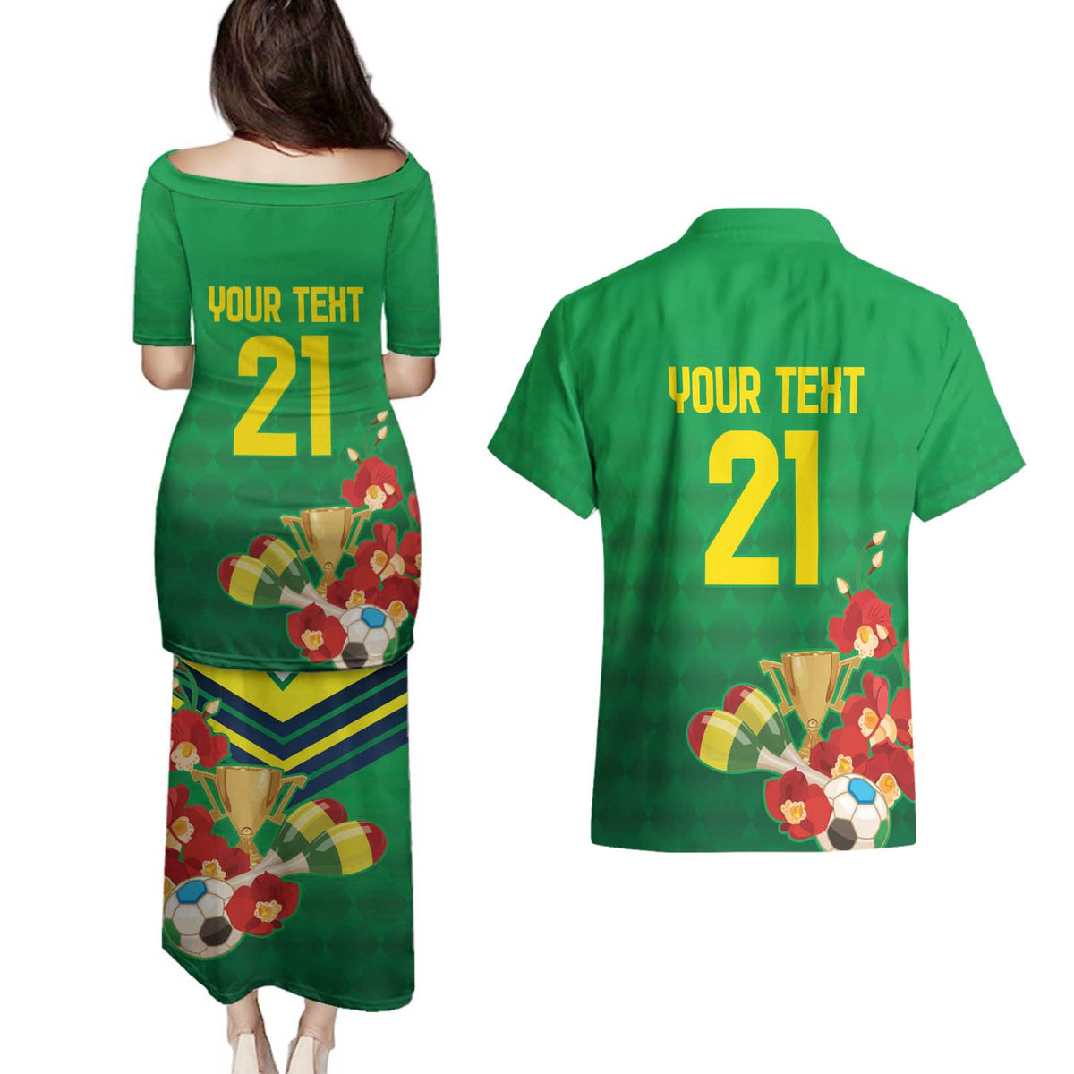 Brazil Canarinho Football Custom Couples Matching Puletasi and Hawaiian Shirt Bora Brasil! Go Brazil!