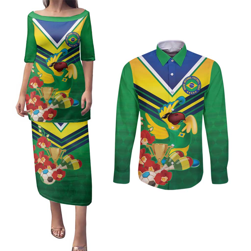 Brazil Canarinho Football Custom Couples Matching Puletasi and Long Sleeve Button Shirt Bora Brasil! Go Brazil!