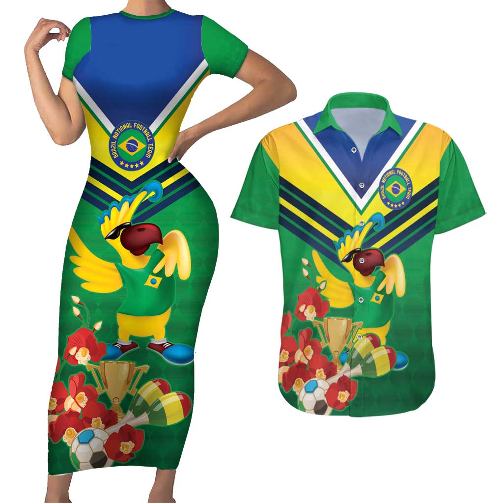 Brazil Canarinho Football Custom Couples Matching Short Sleeve Bodycon Dress and Hawaiian Shirt Bora Brasil! Go Brazil!