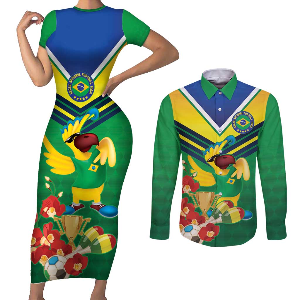 Brazil Canarinho Football Custom Couples Matching Short Sleeve Bodycon Dress and Long Sleeve Button Shirt Bora Brasil! Go Brazil!