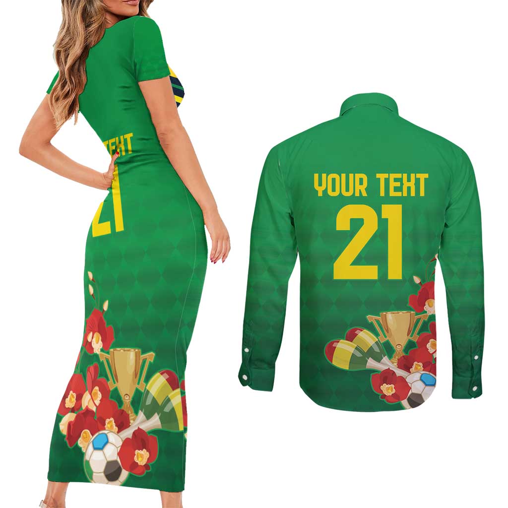 Brazil Canarinho Football Custom Couples Matching Short Sleeve Bodycon Dress and Long Sleeve Button Shirt Bora Brasil! Go Brazil!