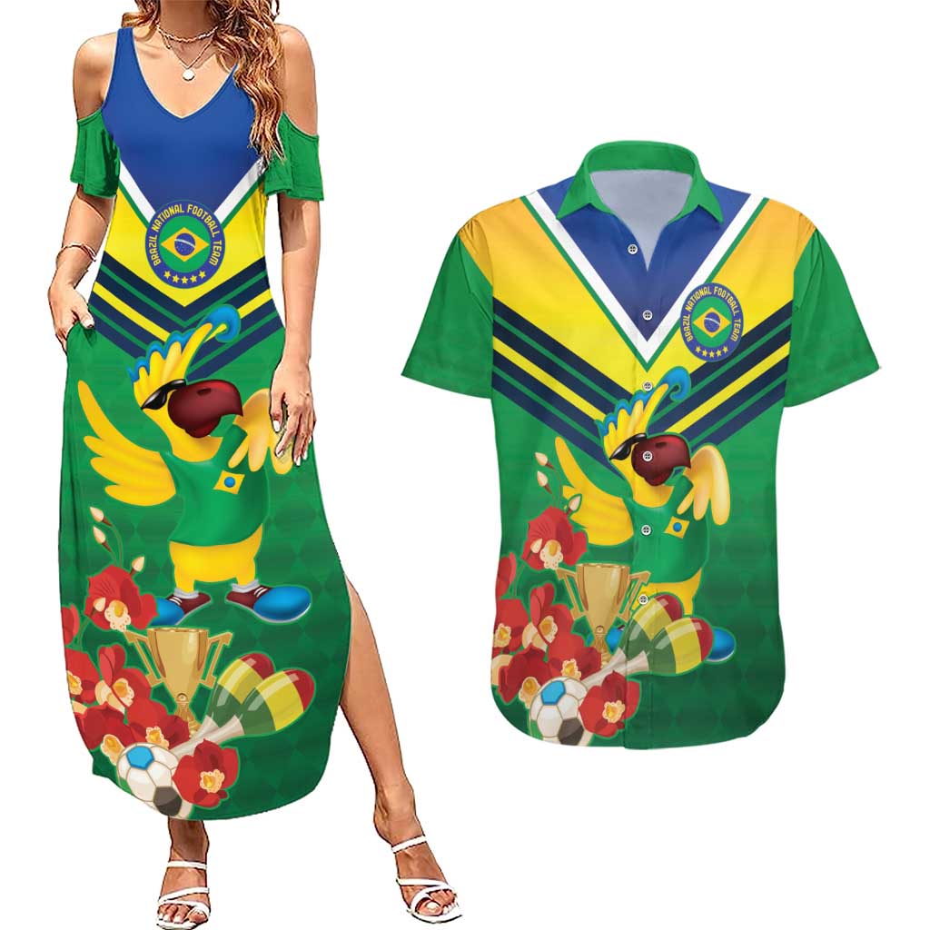 Brazil Canarinho Football Custom Couples Matching Summer Maxi Dress and Hawaiian Shirt Bora Brasil! Go Brazil!