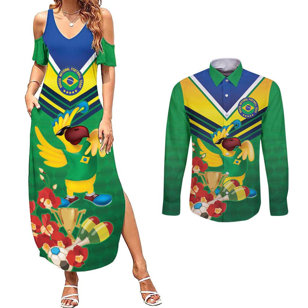 Brazil Canarinho Football Custom Couples Matching Summer Maxi Dress and Long Sleeve Button Shirt Bora Brasil! Go Brazil!