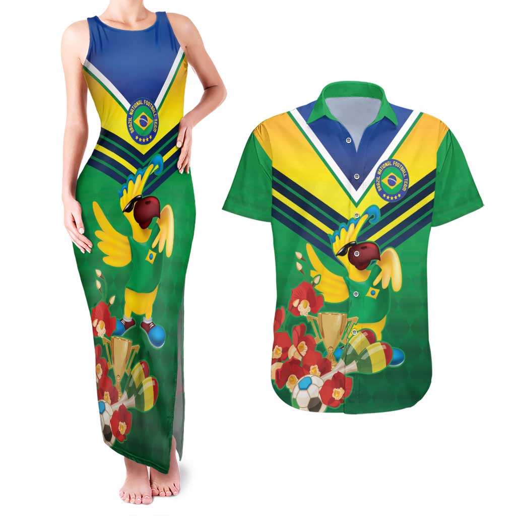 Brazil Canarinho Football Custom Couples Matching Tank Maxi Dress and Hawaiian Shirt Bora Brasil! Go Brazil!